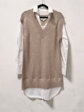 Brochu Walker Wool Cashmere Layered Sweater Shirt Dress Beige Small NWT $428